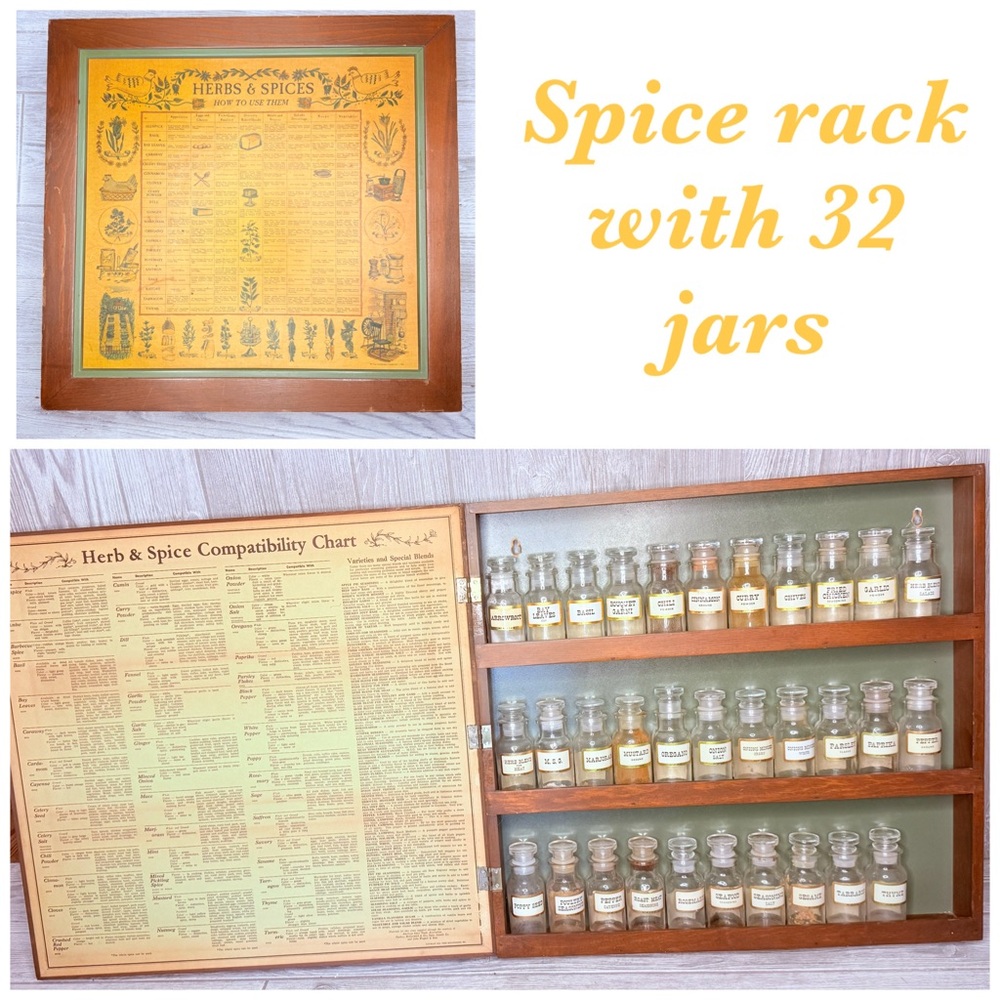 Vintage Wagner spice rack box w/ 32 glass spice jars apothecary rustic kitchen